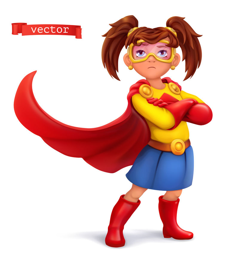 穿着超级英雄服装，穿着红色外套的小女孩。漫画人物，矢量插图