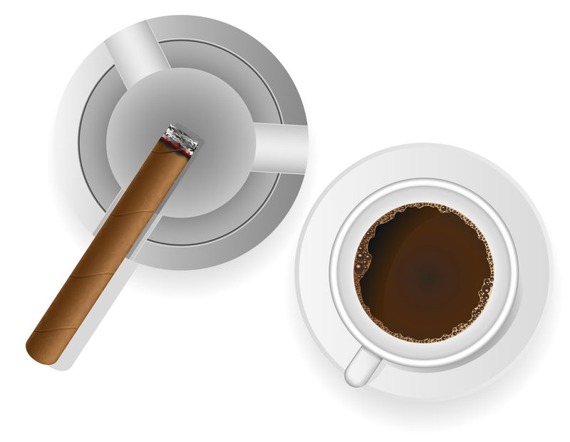 烟灰缸中燃烧雪茄和咖啡矢量图
