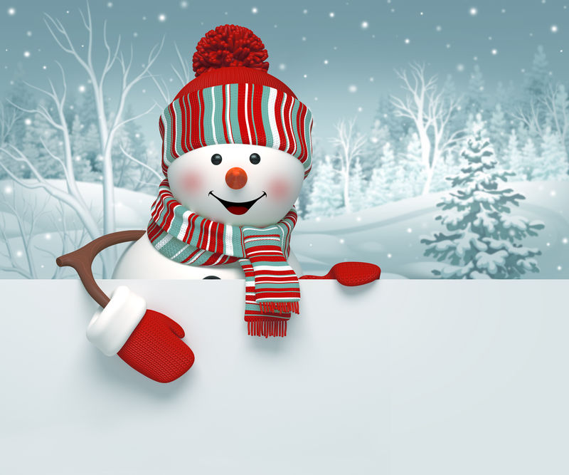 3D雪人，圣诞旗帜，冬季背景