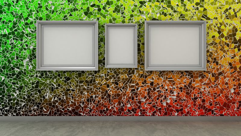 彩色马赛克墙和混凝土地板上现代室内背景的空相框。复制空间图像。