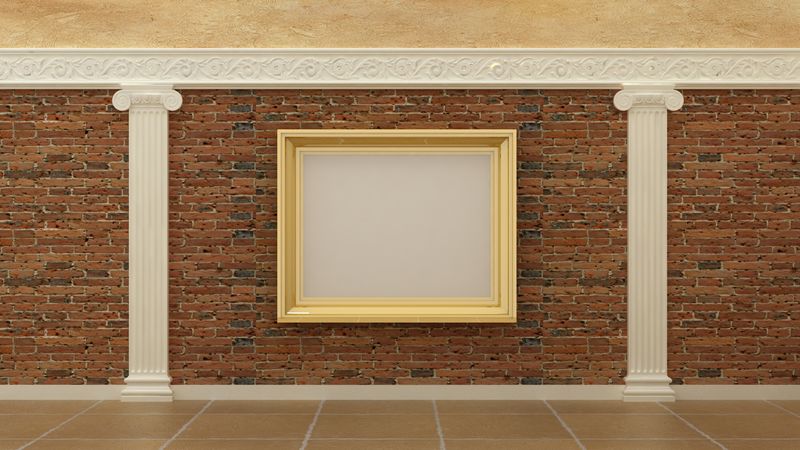 在装饰性砖墙和石膏装饰的爱奥尼亚希腊元素和石灰华大理石地板的柱子上，经典豪华室内背景的空画面金色框架。复制空间图像。
