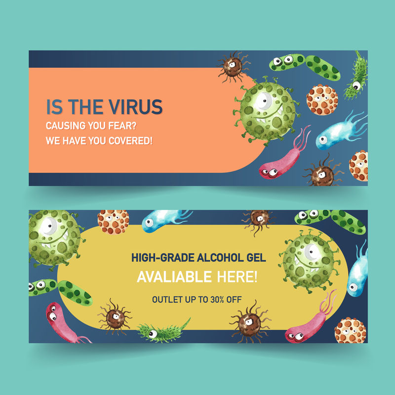 病毒推特广告设计与芽孢杆菌，流感水彩illu