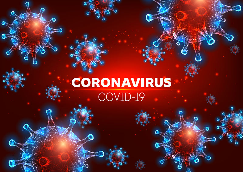 未来冠状病毒2019 nCoV，Covid-19网页横幅模板上的红色背景。