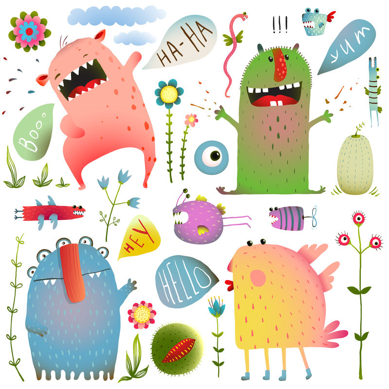 有趣可爱的怪物为孩子们设计五颜六色的收集与流动