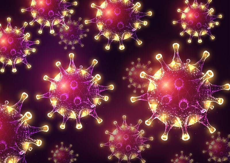 未来冠状病毒2019 nCoV，Covid-19横幅，粉红色上有发光的低多边形病毒细胞