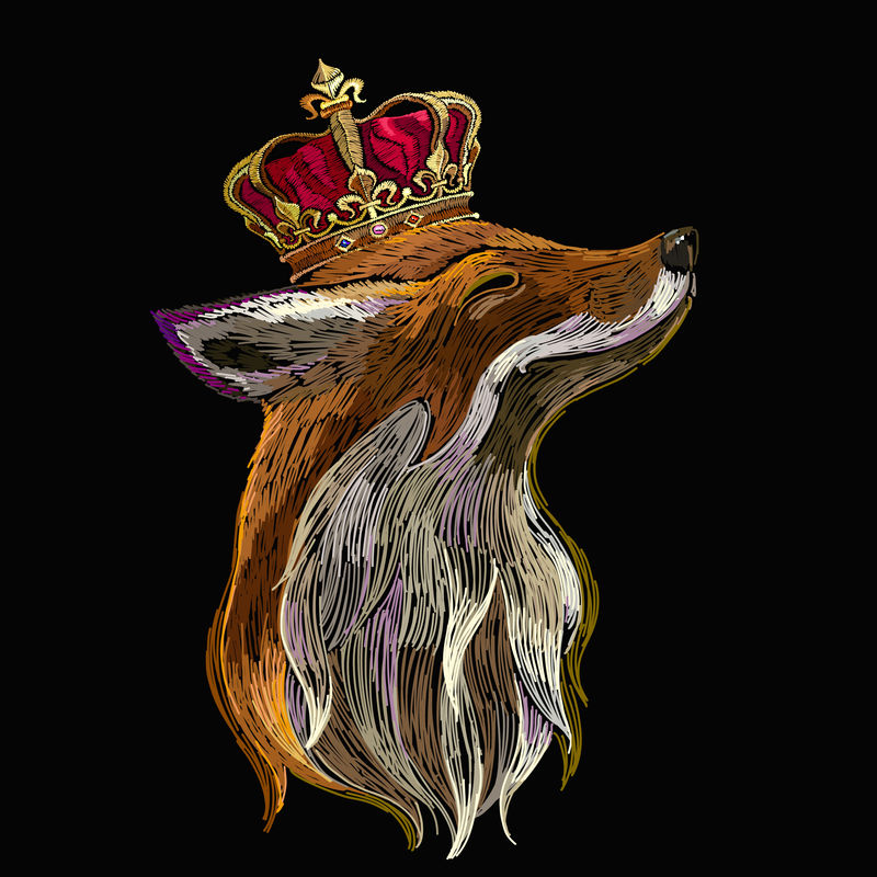 戴着王冠和羽毛的绣花狐狸。部落艺术。流行服饰