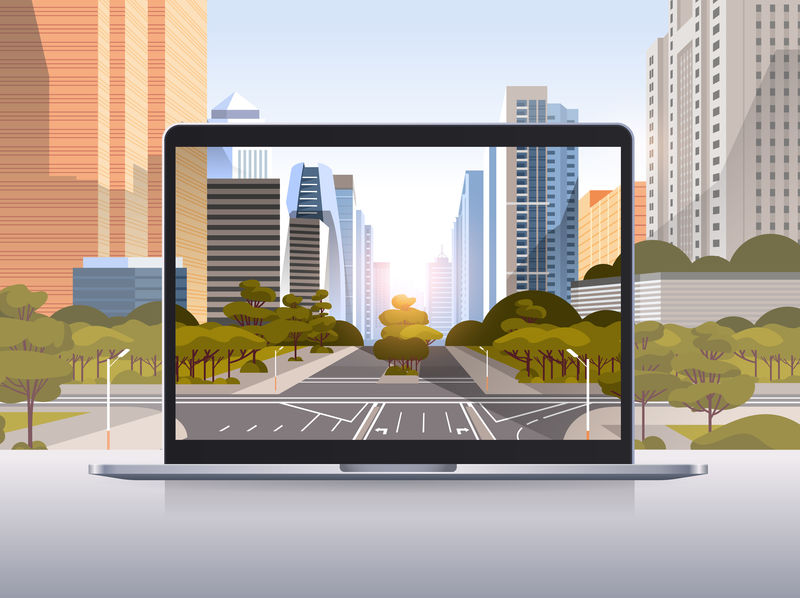 透明笔记本电脑屏幕城市景观背景逼真的小工具和设备概念