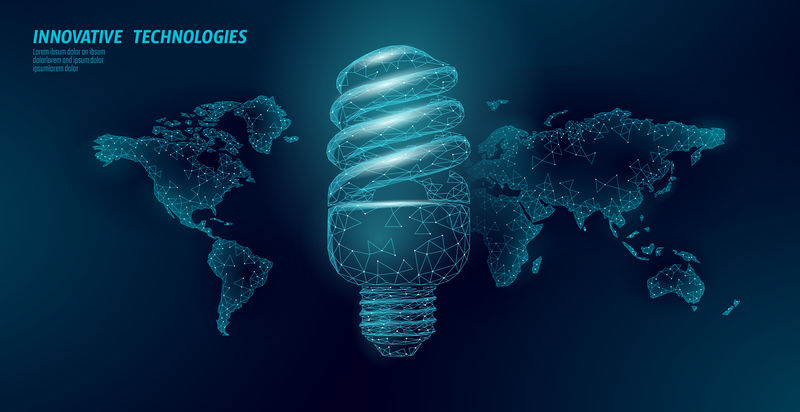 紧凑型荧光灯节能理念。多边形低多边形世界行星全球地图。生态节能生态环境绿色能源动力概念横幅矢量图
