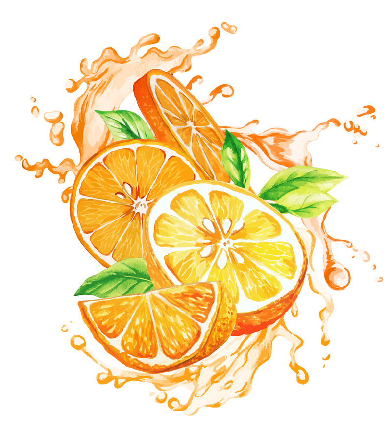橙汁飞溅中的橙子和树叶