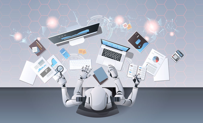 多手机器人在办公桌上使用数字设备办公过程顶角视角人工智能技术概念水平