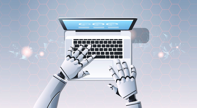 使用笔记本电脑打字的机器人手顶角视角人工智能数字未来技术概念平面水平