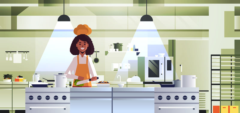 女专业厨师在雕刻板上切菜非裔美籍女性制服准备沙拉烹饪食物概念现代餐厅厨房内部肖像水平