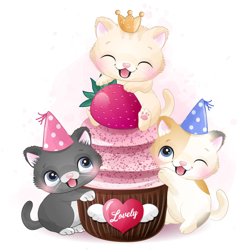 可爱的小猫和纸杯蛋糕插图