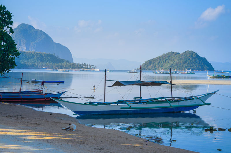 传统的班卡船在沙滩科隆海滩在埃尔尼多，菲律宾