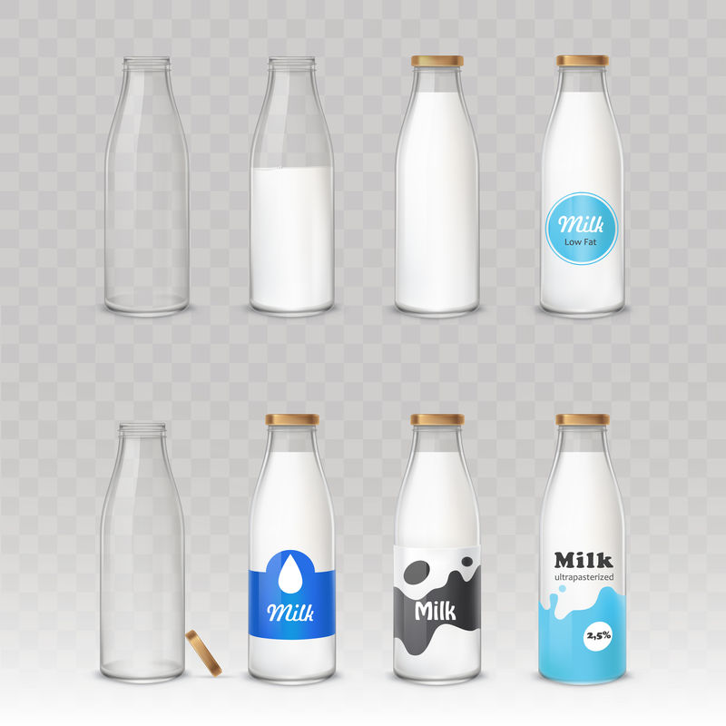 一套带有不同标签的牛奶玻璃瓶的矢量图。
