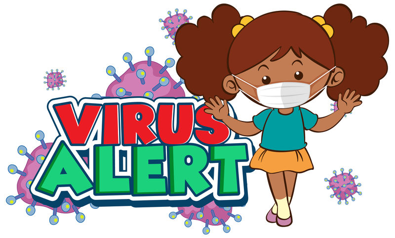 冠状病毒海报设计与文字病毒警告和女孩穿