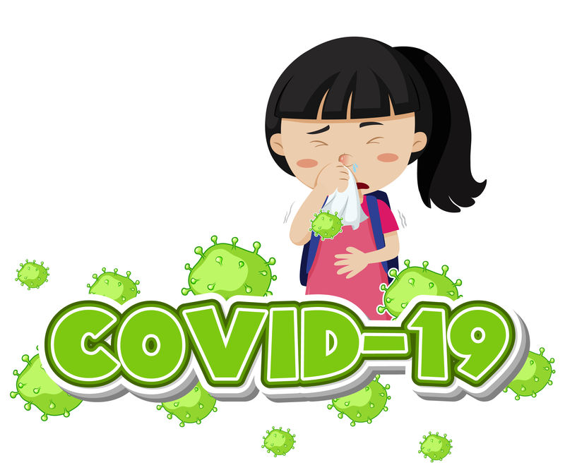 有病女孩咳嗽的Covid 19标志模板