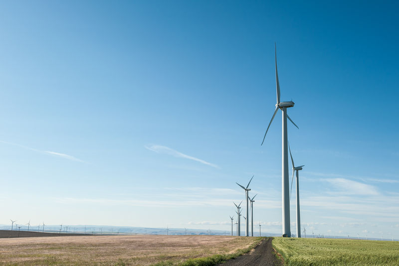 蓝天下的可持续风能发电机；可再生能源