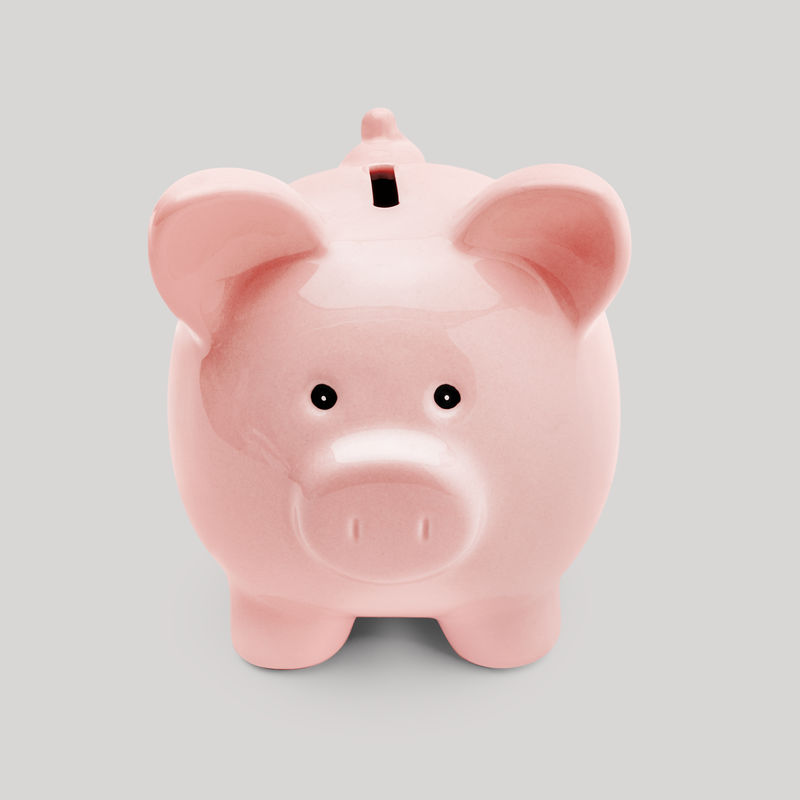 灰色背景的粉红色小猪罐贴纸模型