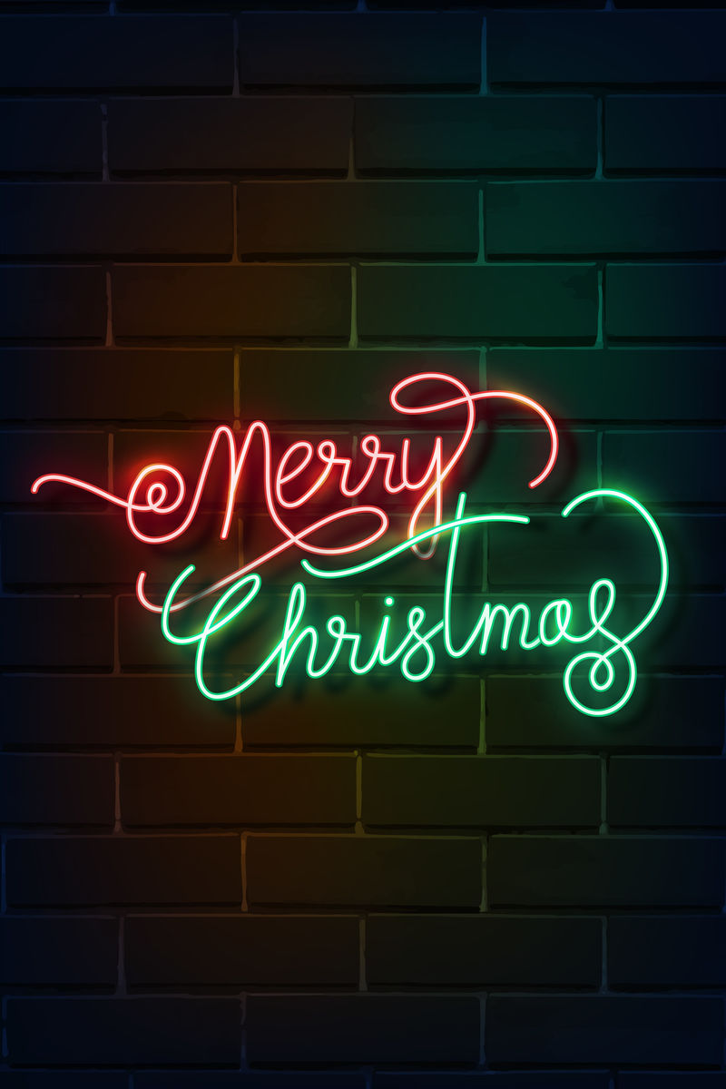 圣诞快乐霓虹灯在一个黑色砖墙矢量