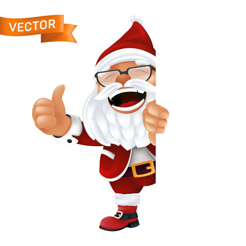 滑稽卡通圣诞老人戴着红帽子和眼镜。笑嘻嘻的圣诞角色穿着传统服装从角落里偷看，或是在白色背景上孤立地竖起大拇指