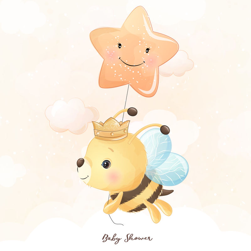可爱的涂鸦蜜蜂和花卉插图