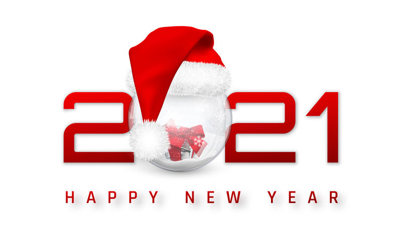 2021年新年快乐圣诞帽雪球封面。商业设计卡模板，白纸上的横幅。矢量图解
