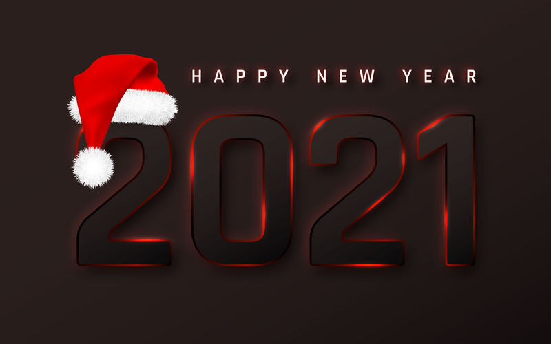 2021年新年快乐封面圣诞老人帽。商业设计卡的模板，黑漆漆上的横幅。矢量图解