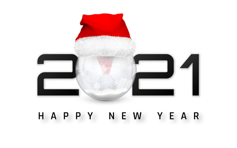 2021年新年快乐圣诞帽雪球封面。商业设计卡模板，白纸上的横幅。矢量图解