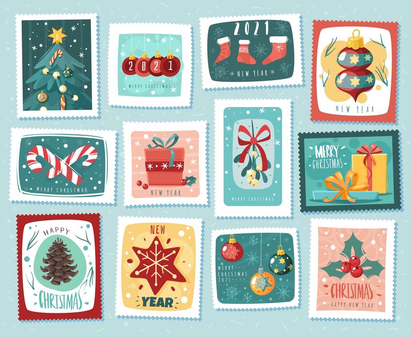 圣诞卡通邮票套装。圣诞新年邮票卡。卡通风格，手绘装饰元素。假日矢量贴纸插图集
