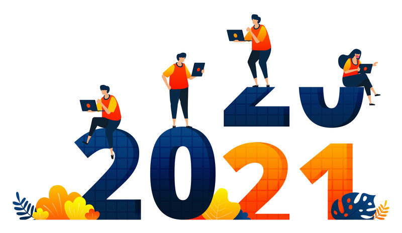 2020年至2021年的新年，主题是上班族不放假。矢量插图概念可以用于登陆页，模板，用户界面，网络，移动应用程序，海报，横幅，网站，传单