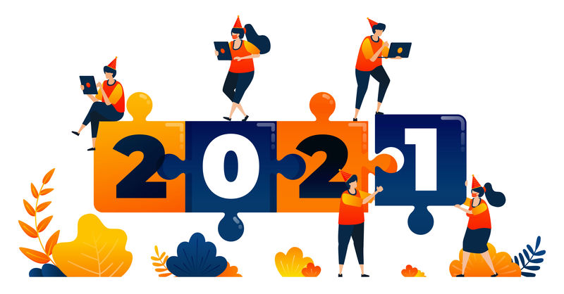 以益智游戏、领导力和团队合作为主题的2020-2021新年。矢量插图概念可以用于登陆页，模板，用户界面，网络，移动应用程序，海报，横幅，网站，传单