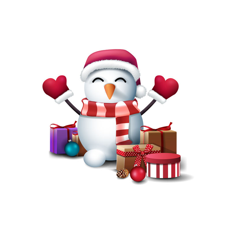 雪人戴着圣诞老人帽，连指手套和条纹围巾，白色背景上隔离着礼物