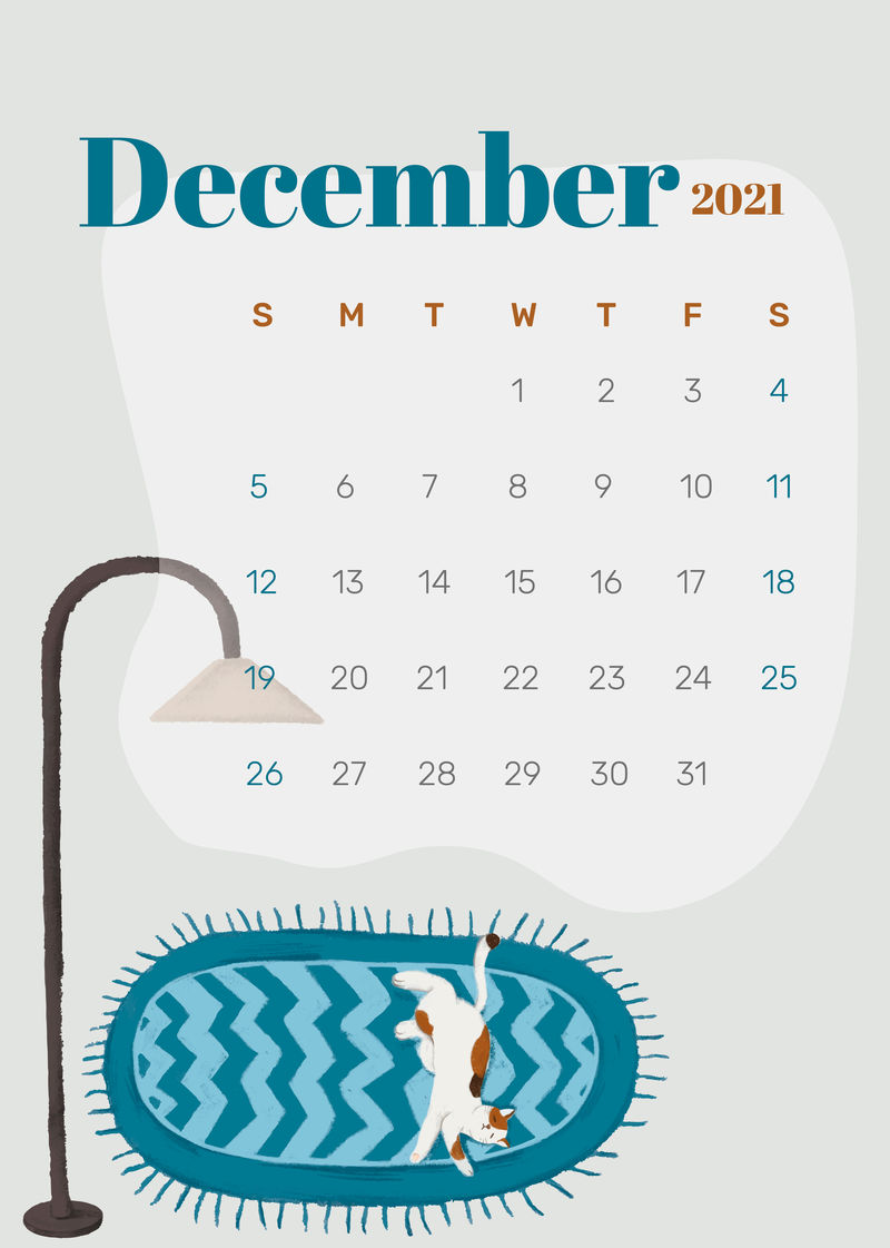 2021年12月日历可打印模板矢量手绘生活方式
