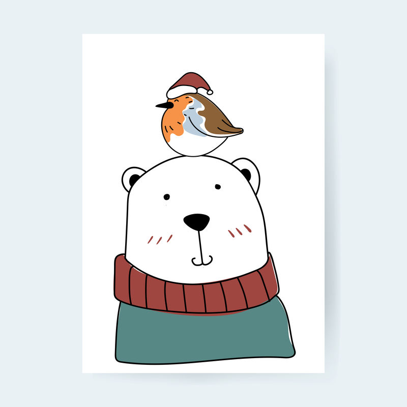 手绘一只熊和一只鸟在享受圣诞假期