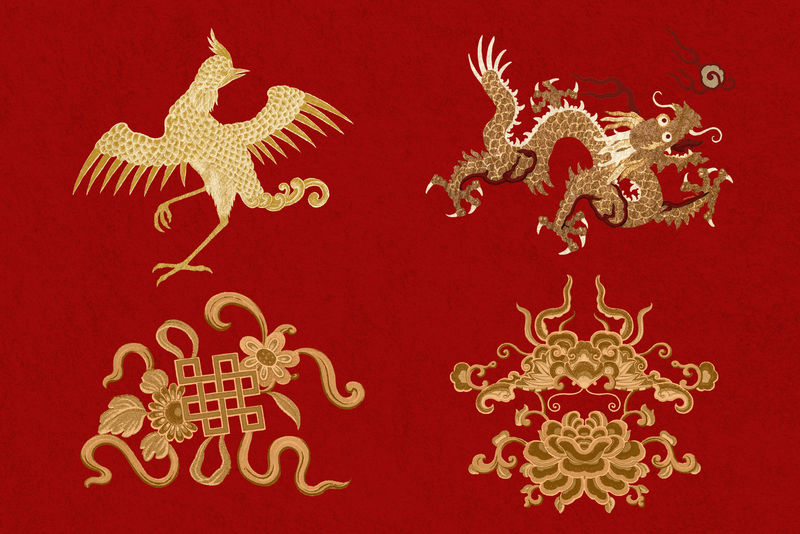 金红色中国艺术动物剪贴套装