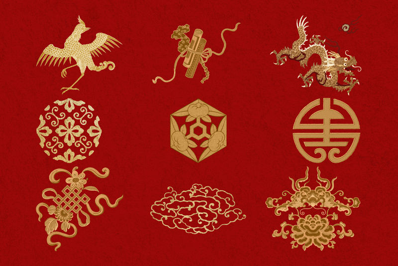 金红色中国艺术装饰饰品剪贴套装