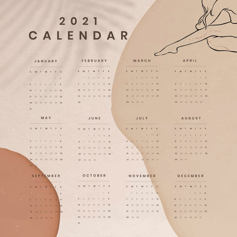 2021日历可打印模板矢量月刊集抽象女性背景