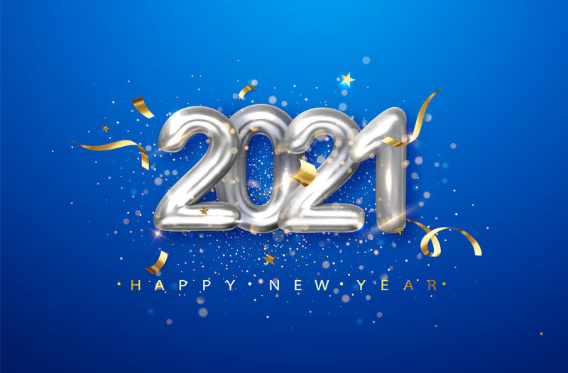 2021年蓝色背景上的银色金属数字。日期为2021年的假日插图。