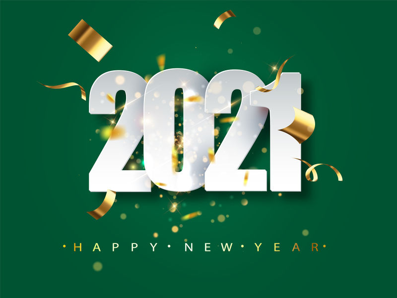2021年绿色背景新年贺卡。带有五彩纸屑和火花的节日插画