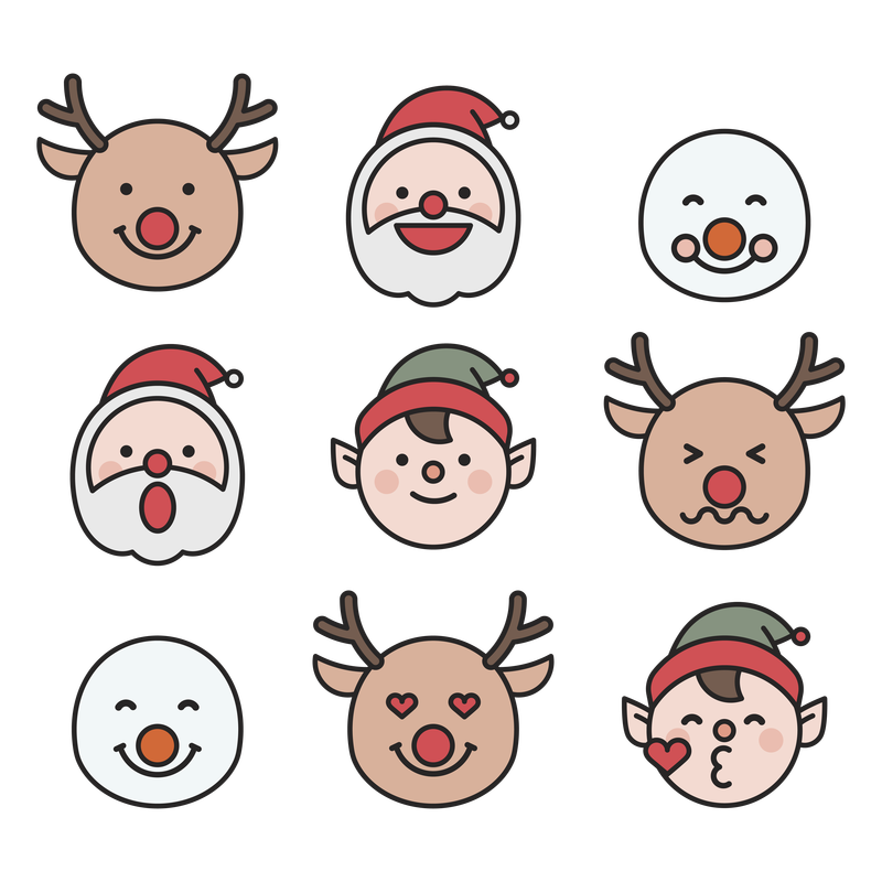 圣诞老人鲁道夫驯鹿精灵和雪人表情符号集隔离在透明向量上