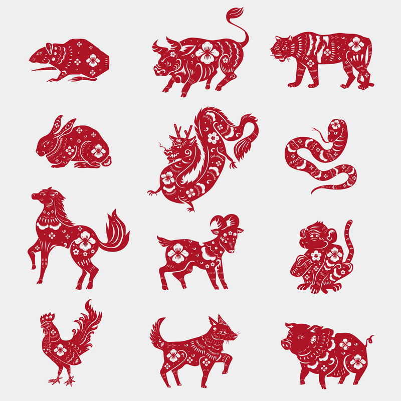 中国星座动物矢量红色新年贴纸套装