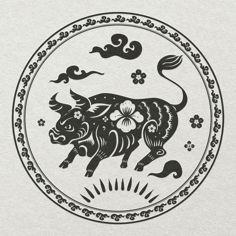 中国牛动物徽章psd黑色新年设计元素