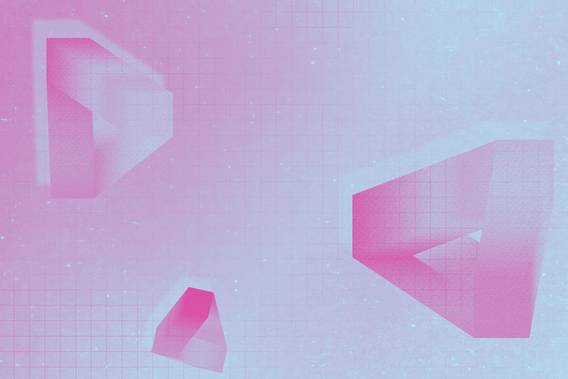 蓝色网格背景插图上的三维粉色三角形图案