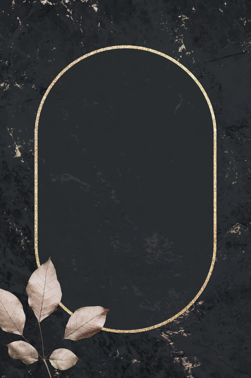 黑色大理石纹理背景向量上带树叶图案的金色框架