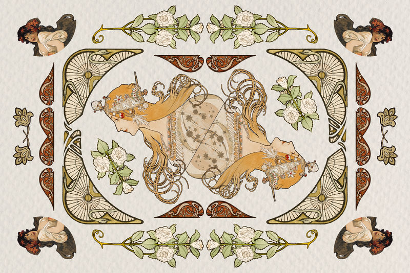 Woman and ornament art nouveau psd setremixed from the artworks of卧龙