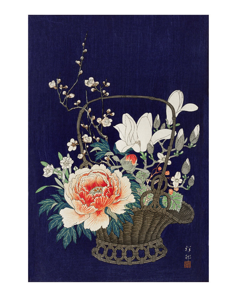 竹花篮复古插画Ohara Koson