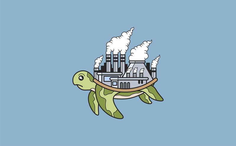 背上有污染工厂的海龟