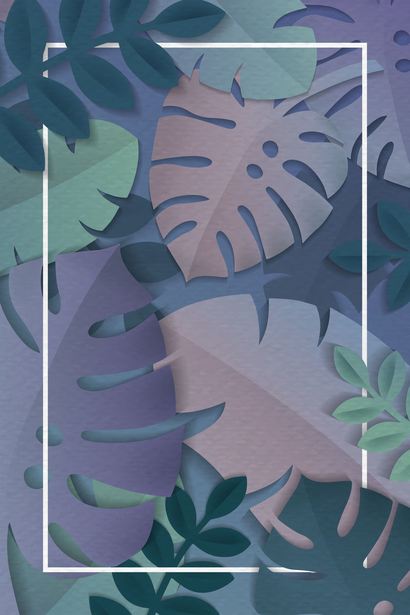 紫色热带树叶图案背景向量上的白色矩形框