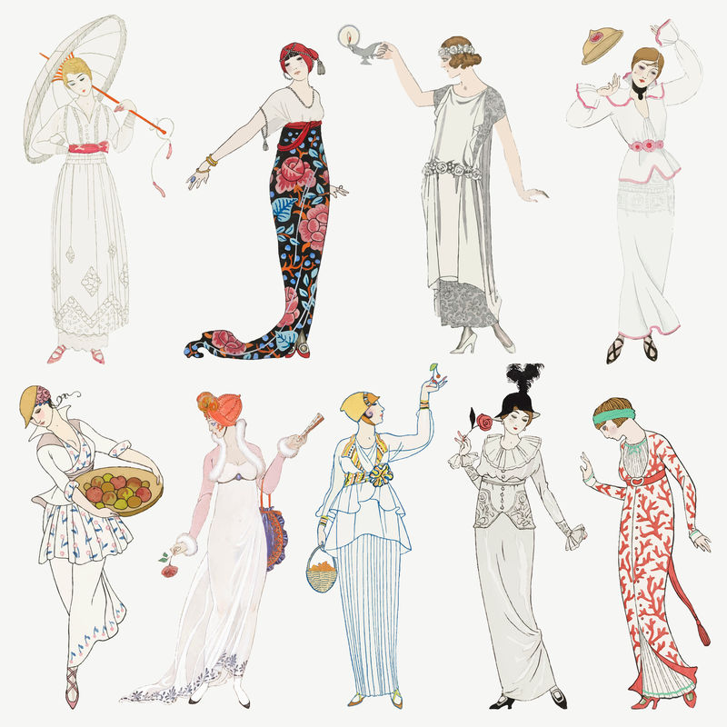 Vintage women\u0026#39；s fashion vector套装乔治·巴比尔（George Barbier）艺术作品的混音